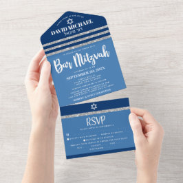 Invitación Todo En Uno Bar Mitzvah Azul Tallit Plateado Script Moderno y 