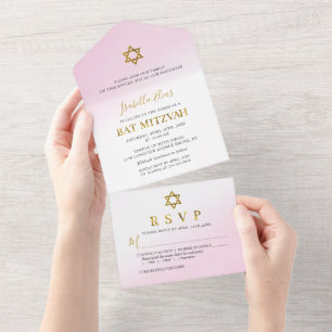 Invitación Todo En Uno Bar Mitzvah de acuarela rosa pastel dorado