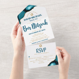 Invitación Todo En Uno Bar Mitzvah Moderno Agata Turquesa Fiesta con Letr