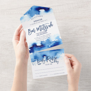 Invitación Todo En Uno BAR MITZVAH moderno con letra a mano en acuarela a