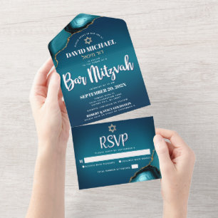 Invitación Todo En Uno Bar Mitzvah Moderno Turquesa Ombre Ágata Escritura