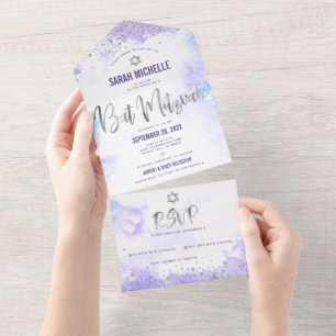 Invitación Todo En Uno Bar Mitzvah Morado Aquarela Plata Escritura Modern