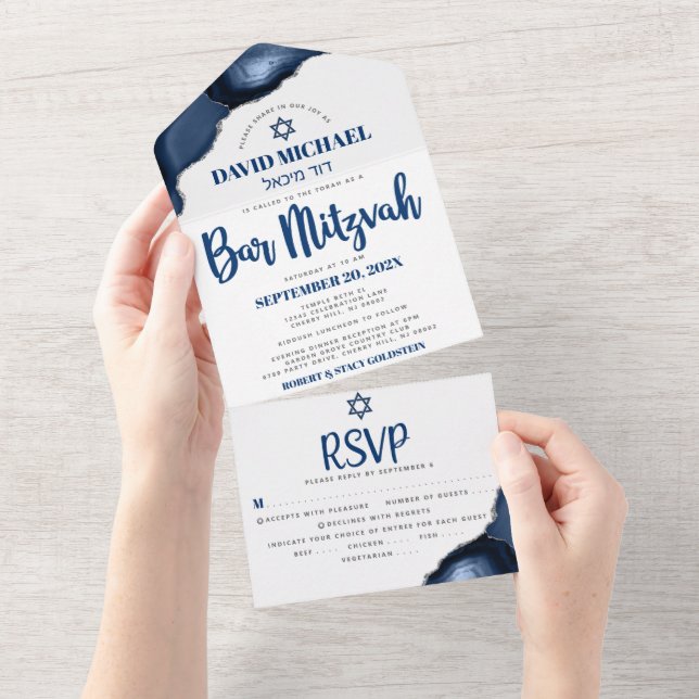 Invitación Todo En Uno Bar Mitzvah Navy Blue Agate Script Fiesta Moderno (desgarro)