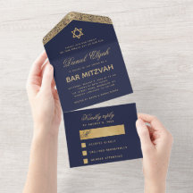 Bar Mitzvah Navy Blue Gold Elegant Script Vintage