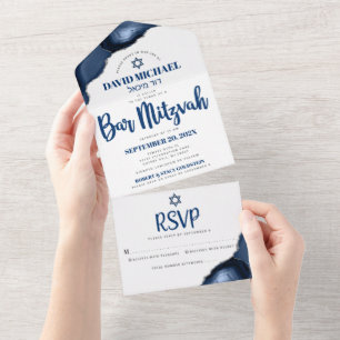 Invitación Todo En Uno Bar Mitzvah Negrita Moderna Azul Marino Ágata Scri