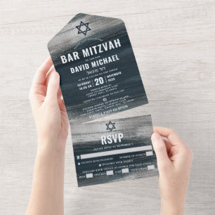 Invitación Todo En Uno Bar Mitzvah Negrita Moderna Gris Carbón Plateado F