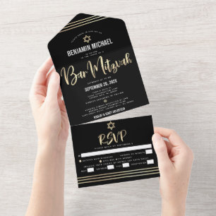 Invitación Todo En Uno Bar Mitzvah Negro Tallit de Fiesta con Letra de Or