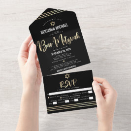 Invitación Todo En Uno Bar Mitzvah Negro Tallit de Fiesta con Letra de Or
