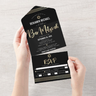 Invitación Todo En Uno Bar Mitzvah Negro Tallit de Fiesta con Letra de Or