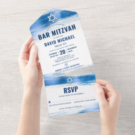 Invitación Todo En Uno Bar Mitzvah Relieve metalizado azul negrita modern