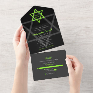 Invitación Todo En Uno Bar Mitzvah RSVP negro y verde