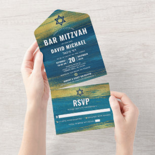 Invitación Todo En Uno Bar Mitzvah Tipo Negrita Turquesa Hoja de Oro Mode