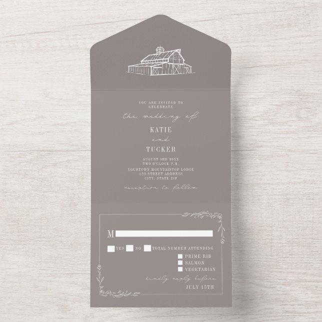 Invitación Todo En Uno Barn Rustic Amethyst Grey Farm Wedding RSVP (Interior)
