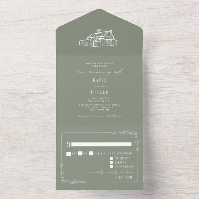 Invitación Todo En Uno Barn Rustic Sage Green Wedding RSVP (Interior)