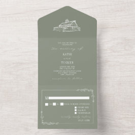 Invitación Todo En Uno Barn Rustic Sage Green Wedding RSVP