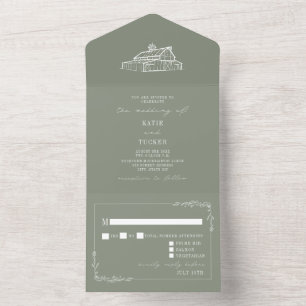 Invitación Todo En Uno Barn Rustic Sage Green Wedding RSVP