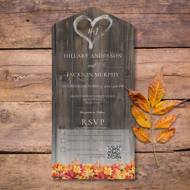 Invitación Todo En Uno Barnwood & Fall Rústico deja el código QR (Rustic Barnwood & Fall Leaves QR Code All In One Invitation)
