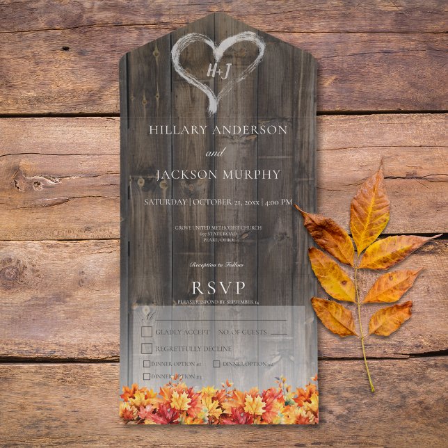 Invitación Todo En Uno Barnwood & Fall Rústico Sale De La Cena (Rustic Barnwood & Fall Leaves Dinner All In One Invitation)