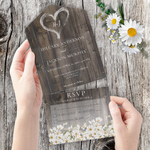 Invitación Todo En Uno Barnwood y Daisies rusos sin cena