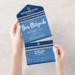 Invitación Todo En Uno Barra Mitzvah Blue Silver Tallit Moderno guión neg<br><div class="desc">¡Siéntete orgulloso, regocijo y exhibe este hito de tu Bar Mitzvah favorito! Envíe esta fresca, única, moderna y personalizado invitación todo en uno para un evento que recordar. Tipografía audaz, de escritura blanca, Estrella de David y un purpurina color azul marino y falso plateado rayado tallit inspirado en el diseño,...</div>