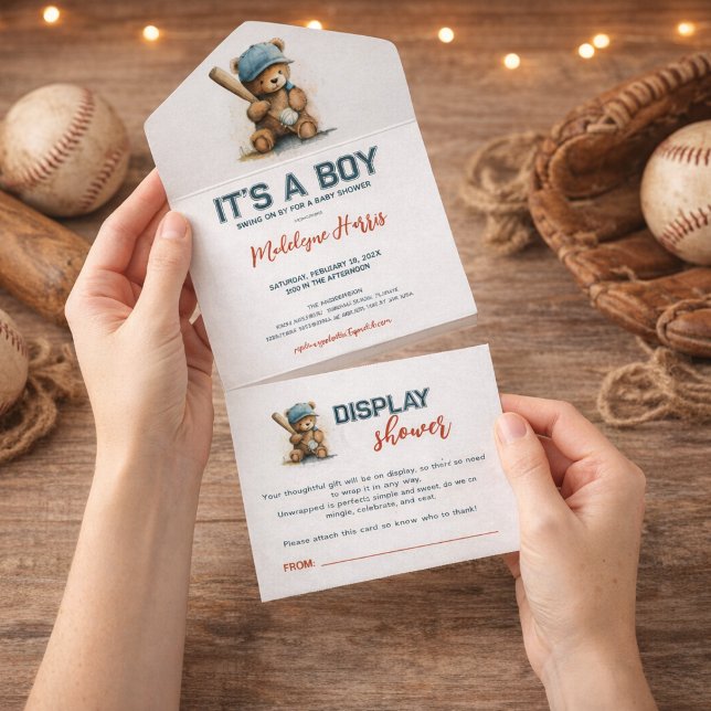 Invitación Todo En Uno Baseball Teddy Bear Boy QR Display  Baby Shower (Subido por el creador)