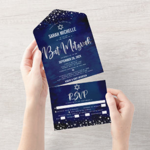 Invitación Todo En Uno Bat Mitzvah Armada Plateado Brillo Letra de Partid