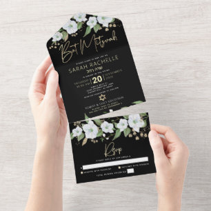 Invitación Todo En Uno Bat Mitzvah Black Gold Script Watercolor Floral
