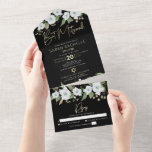 Invitación Todo En Uno Bat Mitzvah Black Gold Script Watercolor Floral<br><div class="desc">Estar orgulloso, regocijarse y mostrar este hito de su Bat Mitzvah favorito con esta sofisticada, moderna y personalizado invitación todo en uno para un evento que recordar. Una moda, impresionante, blanca y dorada purpurina acuarela floral, la tipografía de la escritura de Relieve metalizado de oro falso y el tipo serif...</div>
