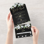 Invitación Todo En Uno Bat Mitzvah Black Gold Script Watercolor Floral<br><div class="desc">Estar orgulloso, regocijarse y mostrar este hito de su Bat Mitzvah favorito con esta sofisticada, moderna y personalizado invitación todo en uno para un evento que recordar. Una moda, impresionante, blanca y falsa purpurina dorada color de agua floral, tipografía de escritura de Relieve metalizado de oro falso y tipo serif...</div>