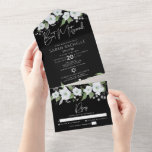 Invitación Todo En Uno Bat Mitzvah Black Silver Script Floral Watercolor<br><div class="desc">Estar orgulloso, regocijarse y mostrar este hito de su Bat Mitzvah favorito con esta sofisticada, moderna y personalizado invitación todo en uno para un evento que recordar. Una moda, impresionante, blanca y plateada purpurina acuarela floral, tipografía falsa de Relieve metalizado plateado y tipo serif blanco superponen un espectacular fondo negro....</div>