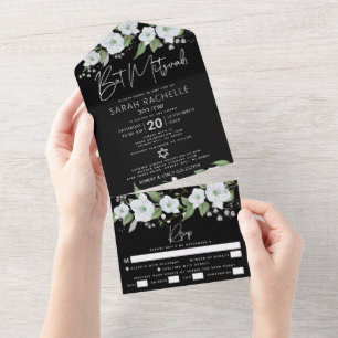 Invitación Todo En Uno Bat Mitzvah Black Silver Script Watercolor Floral