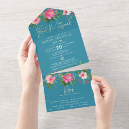 Invitación Todo En Uno Bat Mitzvah Blue Gold Type Floral Watercolor Fiest