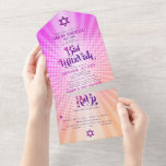 Invitación Todo En Uno Bat Mitzvah Boho Naranja Rosado Retro Gradiente Ne<br><div class="desc">Estar orgullosos, contentos y mostrar este hito de su favorito Bat Mitzvah con esta divertida invitación "todo en uno" de boho retro, personalizado todo en uno para un evento que recordar. La tipografía de cadera, groovía, osadía, rosa y morado oscuro con sans serif modernos, superpone un fondo de naranja de...</div>