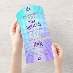 Invitación Todo En Uno Bat Mitzvah Boho Retro Azul Púrpura Gradiente Negr