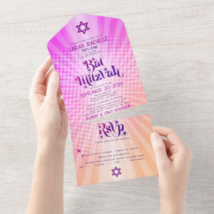 Invitación Todo En Uno Bat Mitzvah Boho Retro Rosa Naranja Gradiente Negr