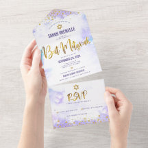 Bat Mitzvah color de agua púrpura guión oro modern