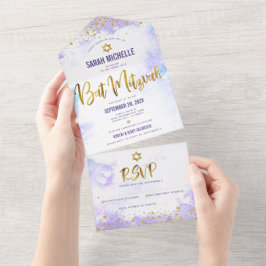 Invitación Todo En Uno Bat Mitzvah color de agua púrpura guión oro modern