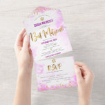 Invitación Todo En Uno Bat Mitzvah color de agua rosa dorado Fiesta de Mo<br><div class="desc">¡Estén orgullosos, regocijaos y exhiban este hito de su Bat Mitzvah favorito! Envíe esta impresionante, moderna y personalizado invitación todo en uno para un evento que recordar. Relieve metalizado de imitación de oro espumoso, puntos purpurinas y guión de tipografía superponen un fondo de color de agua rosa claro. Este producto...</div>