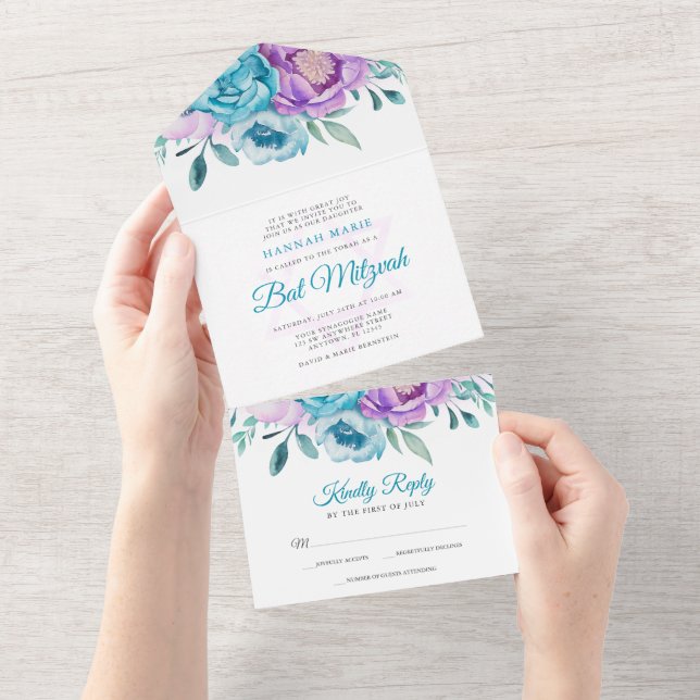 Invitación Todo En Uno Bat Mitzvah Floral Acuarela Azul Turquesa y Púrpur (desgarro)