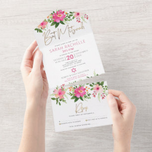 Invitación Todo En Uno Bat Mitzvah Gold Script color de agua rosa floral