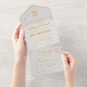Invitación Todo En Uno Bat Mitzvah Marble Faux Gold Star Elegant Script