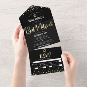 Invitación Todo En Uno Bat Mitzvah Moderno Guión Brillo Negro Dorado Fies