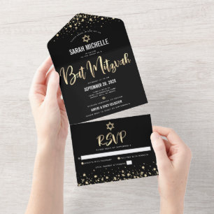 Invitación Todo En Uno Bat Mitzvah Moderno Negro Dorado Brillo Script Neg