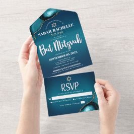 Invitación Todo En Uno Bat Mitzvah Moderno Turquesa Ombre Ágata Script