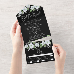Invitación Todo En Uno Bat Mitzvah Negro Plateado Escritura Acuarela Flor