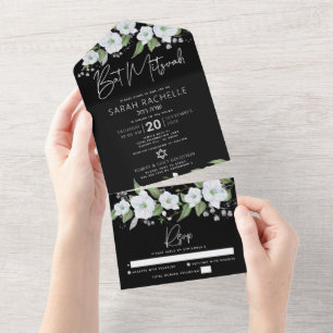 Invitación Todo En Uno Bat Mitzvah Negro Plateado Escritura Floral Acuare