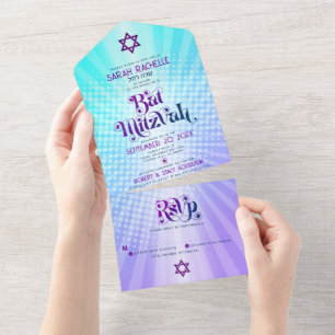 Invitación Todo En Uno Bat Mitzvah Retro Azul Gradiente Morado Boho Negri