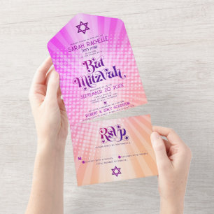 Invitación Todo En Uno Bat Mitzvah Retro Boho Pink Naranja Gradiente Negr