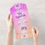 Invitación Todo En Uno Bat Mitzvah Retro Boho Pink Naranja Gradiente Negr<br><div class="desc">Estar orgullosos, contentos y mostrar este hito de su favorito Bat Mitzvah con esta divertida invitación "todo en uno" de boho retro, personalizado todo en uno para un evento que recordar. Tipografía de cadera, moda, audaz, rosa y morado oscuro con sans serif modernos, superponen un fondo de naranja de luz...</div>