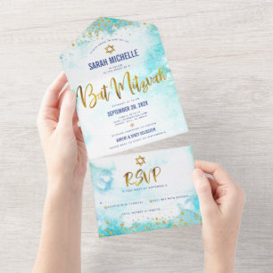 Invitación Todo En Uno Bat Mitzvah turquesa acuarela oro script femenino